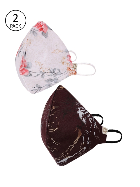 VASTRAMAY Unisex Pack of 2 Pcs White & Maroon Reusable 4-Ply Cloth Masks With Potli Bag