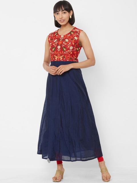 Vedic Women Red & Blue Floral Embroidered Anarkali Kurta