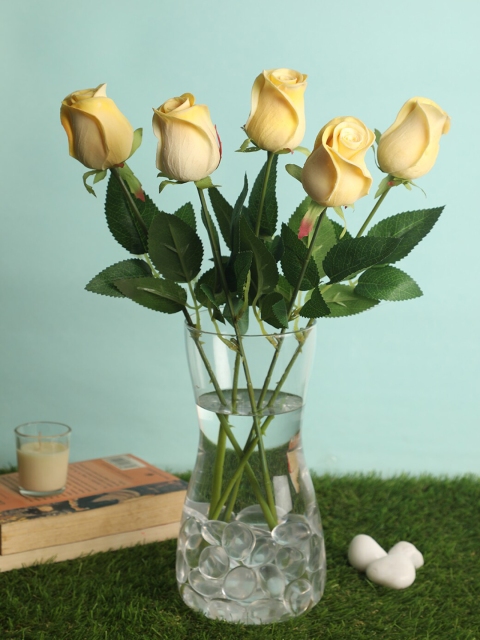 PolliNation Yellow & Green Set of 5 Royal Artificial Rose Flowers
