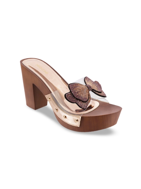 Mochi Women Gold-Toned & Transparent Embellished Block Heels