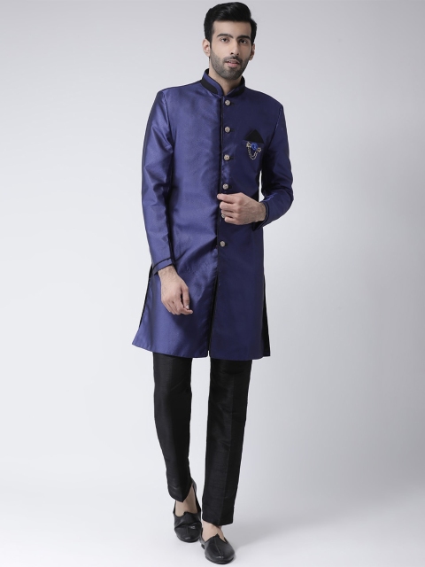 SG RAJASAHAB Men Blue & Black Raw Silk Sherwani Set