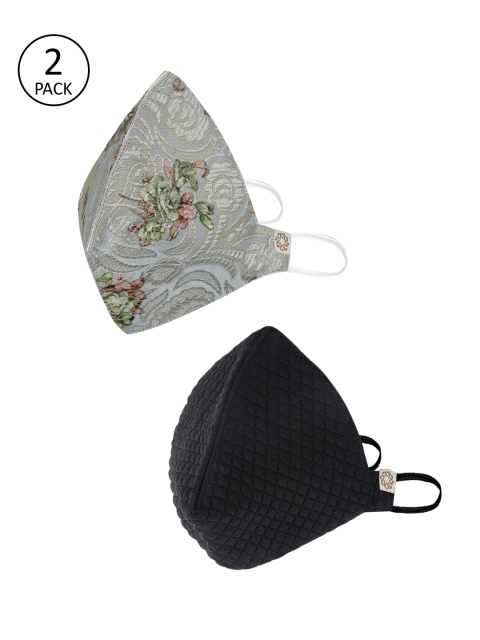 VASTRAMAY Unisex Pack of 2 Pcs Black & Sea Green Reusable 4-Ply Cloth Masks With Potli Bag