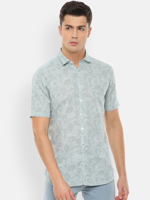 V Dot Men Mint Green Slim Fit Floral Print Linen Casual Shirt