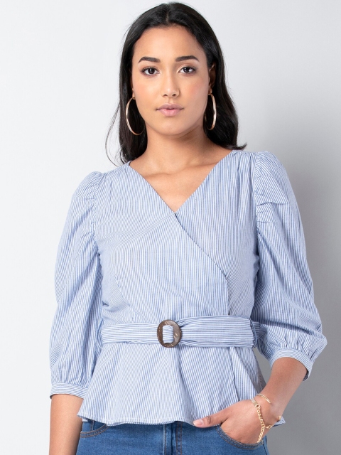 FabAlley Women Blue & White Striped Wrap Pure Cotton Top