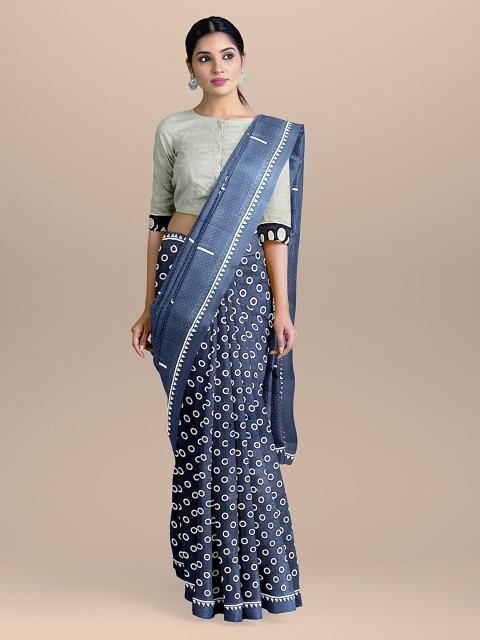 BharatSthali Navy Blue & White Silk Cotton Printed Handloom Saree