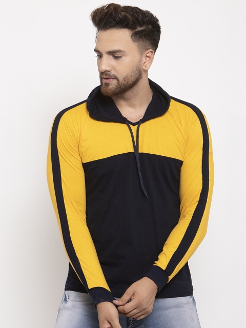 KATSO Men Yellow & Black Colourblocked Hood T-shirt