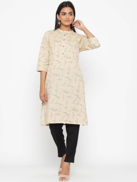 WomenMagic Women Cream-Coloured Printed A-Line Kurta