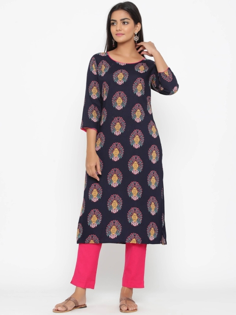 WomenMagic Women Navy Blue & Peach-Coloured Printed A-Line Kurta