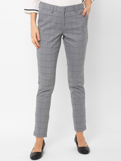Allen Solly Woman Women Grey & Black Slim Fit Checked Cigarette Trousers