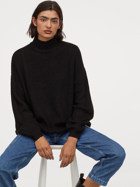 H&M Women Black Ribbed Polo-Neck Jumper