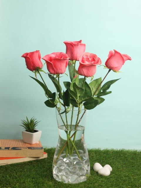 PolliNation Pink & Green Set of 5 Luxurious Artificial Rose Flowers