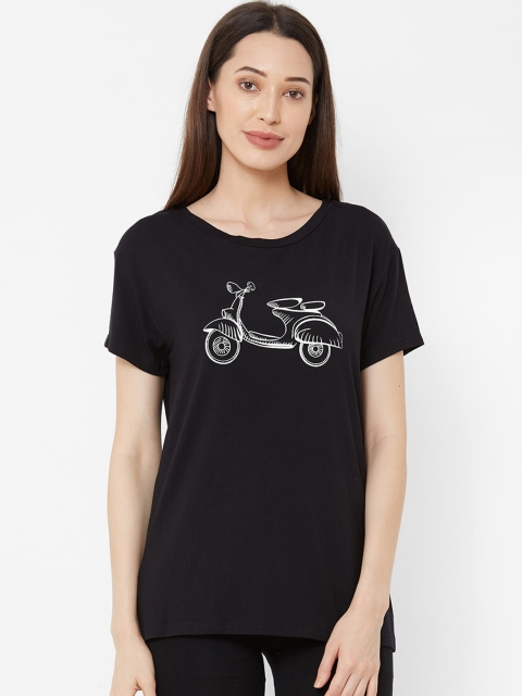 Mystere Paris Women Black & White Printed Round Neck T-shirt