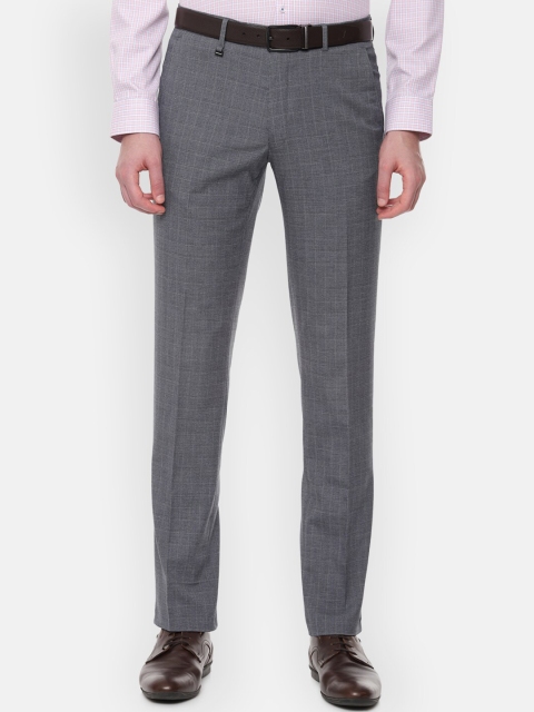 Van Heusen Men Grey Slim Fit Self Checked Formal Trousers