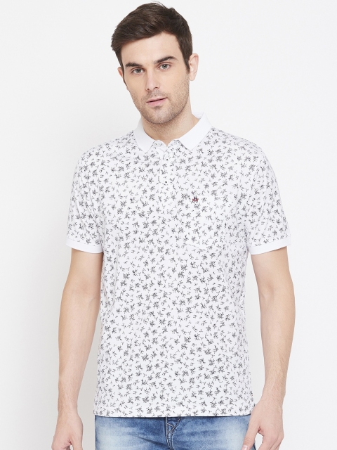 Crimsoune Club Men White Floral Printed Polo Collar T-shirt