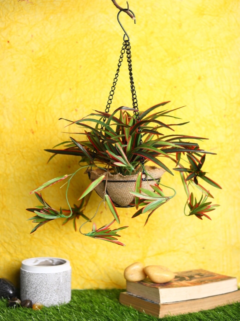 PolliNation Red & Green Artificial Baby Spider Bush in Jute Planter & Hanging Metal Stand