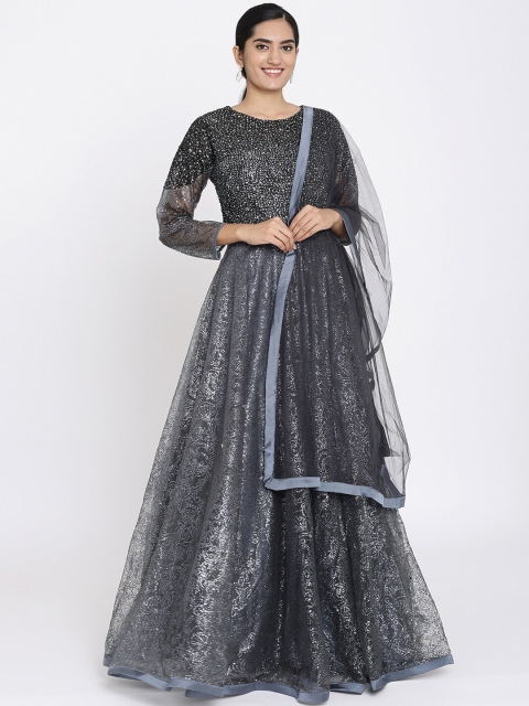 Koskii Women Grey & Silver-Coloured Sequin Embellished Ethnic Gown with Dupatta
