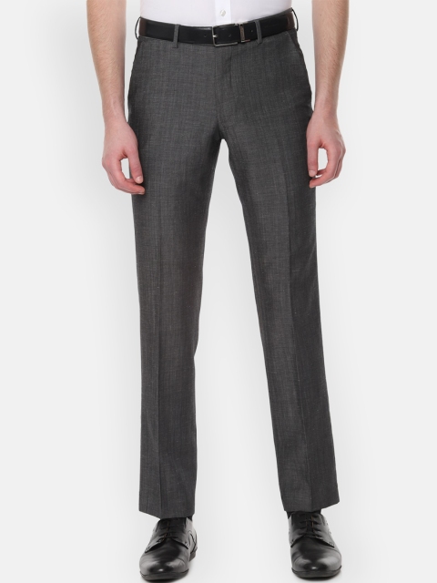 Van Heusen Men Charcoal Grey Slim Fit Self Design Formal Trousers