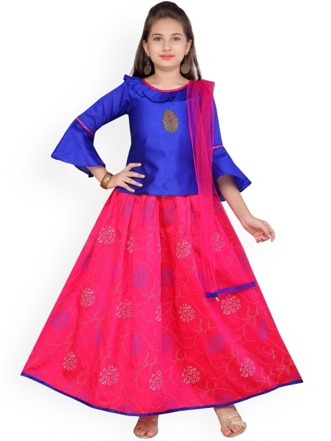 Aarika Girls Blue & Pink Embroidered Ready to Wear Lehenga & Blouse with Dupatta