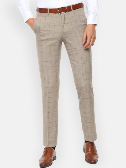 Luxure by Louis Philippe Men Beige Slim Fit Checked Formal Trousers