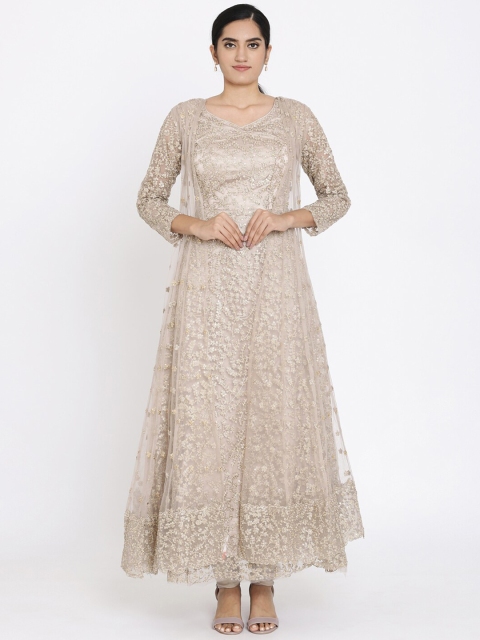Koskii Women Taupe Embellished A-Line Designer Kurta