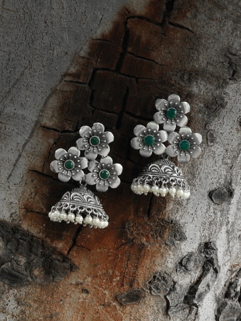 Adwitiya Collection Oxidised Silver-Plated Floral Jhumkas