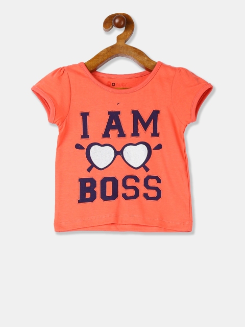 Donuts Infant Girls Orange & Navy Blue Printed Round Neck T-shirt