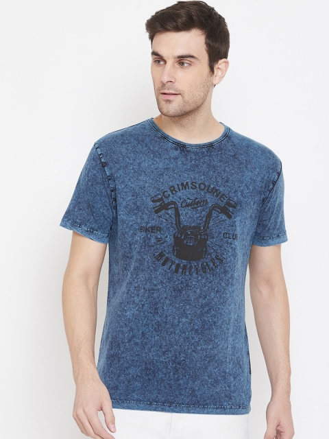 Crimsoune Club Men Blue & Black Printed Slim Fit Round Neck T-shirt