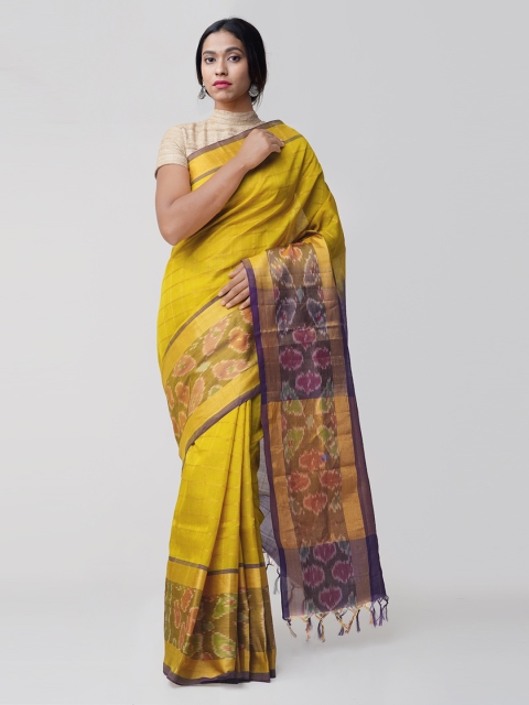 Unnati Silks Mustard & Green Solid Handloom Pochampally Saree