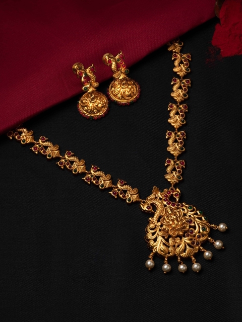 Priyaasi Gold-Plated Red & Green Ruby & Emerald Studded Temple Handcrafted Jewellery Set