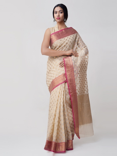 Unnati Silks Cream-Coloured & Gold-Toned Art Silk Jamdhani Woven Design Kota Saree