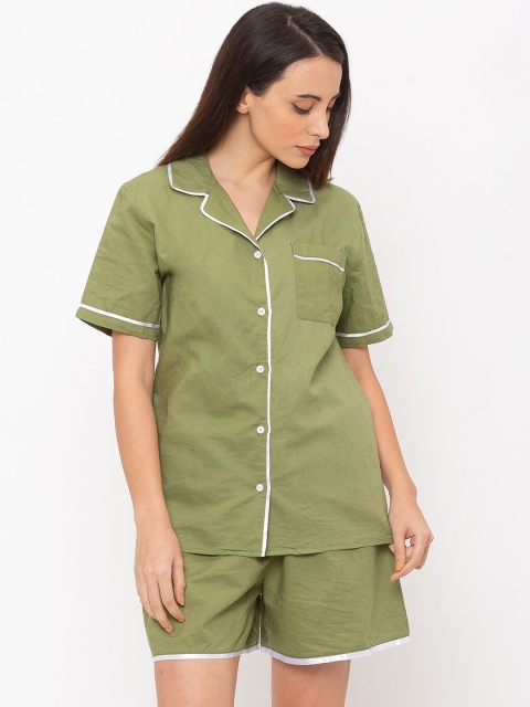 Nick&Jess Women Green Solid Linen Night suit