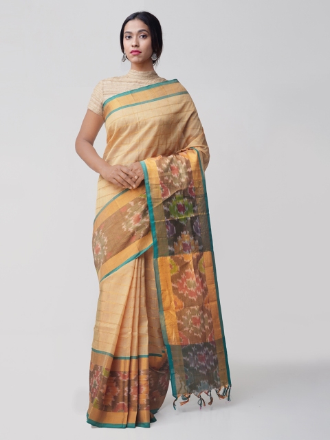 Unnati Silks Cream-Coloured & Green Silk Cotton Handloom Checked Pochampally Saree