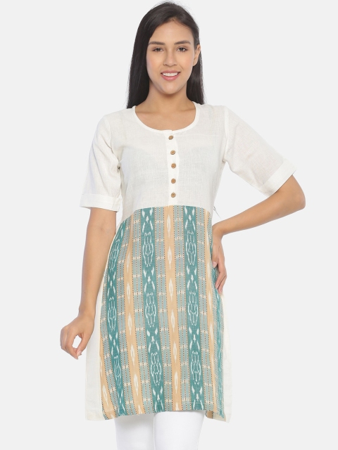 Resha Women White & Green Woven Design A-Line Kurti