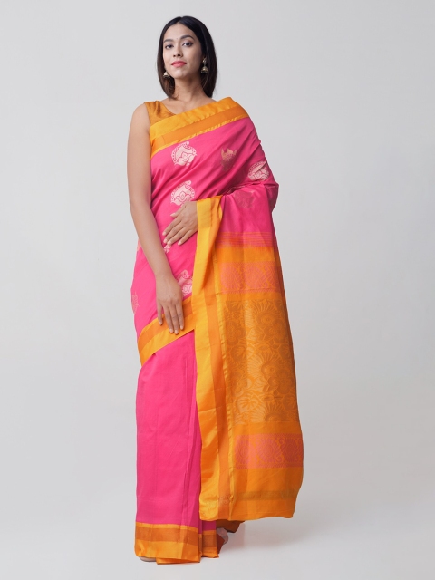 Unnati Silks Pink & Orange Woven Design Handloom Kanjeevaram Saree