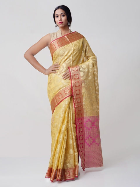 Unnati Silks Yellow & Pink Art Silk Woven Design Handloom Jamdhani Weaving Kota Saree