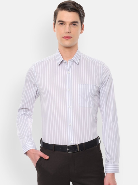 Louis Philippe Men Grey & White Slim Fit Striped Formal Shirt