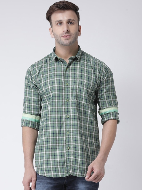 COBB Men Green & Off-White Slim Fit Checked Casual Shirt