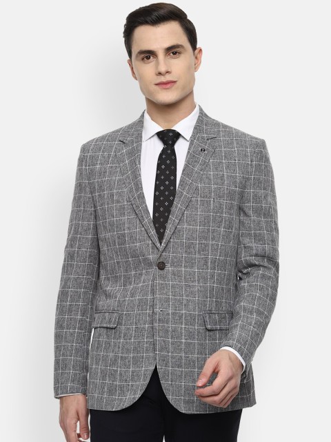 Van Heusen Men Grey Checked Slim-Fit Single-Breasted Formal Blazer