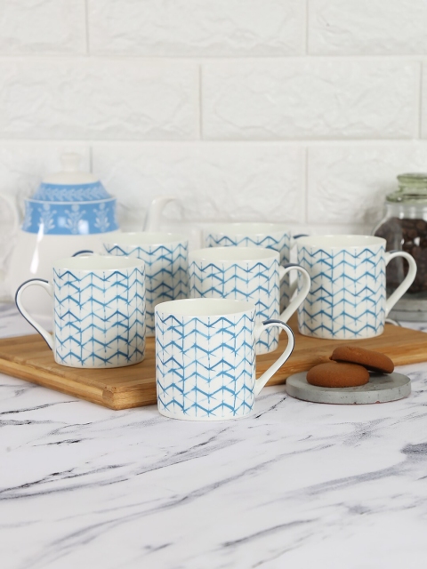 Zig Zag White & Blue Printed 6 Pieces Bone China Mugs