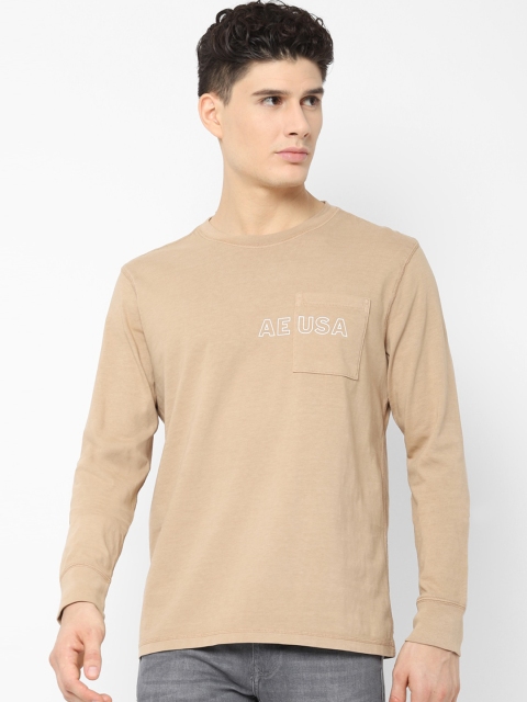 AMERICAN EAGLE OUTFITTERS Men Beige Solid Round Neck T-shirt