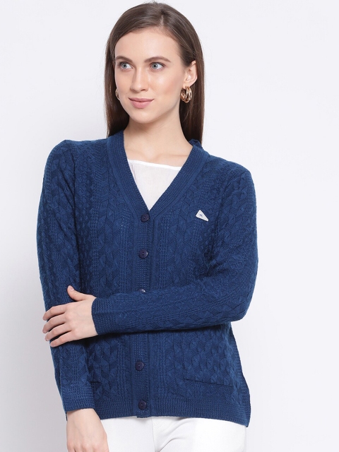 Monte Carlo Women Blue Self Design Cardigan Sweater