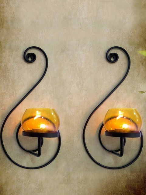 TIED RIBBONS Set of 2 Wall Hanging Tealight Candle Holders, Black