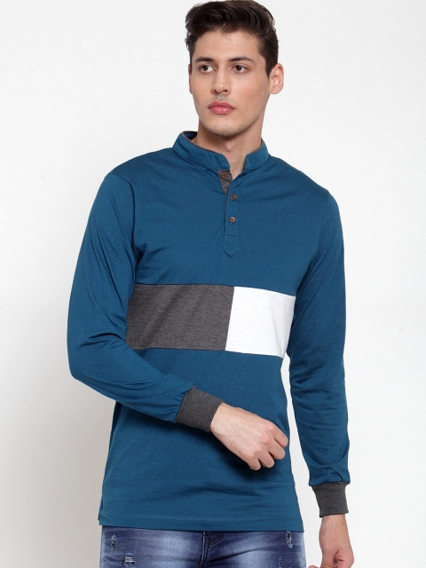 Kalt Men Teal Blue Colourblocked Mandarin Collar T-shirt