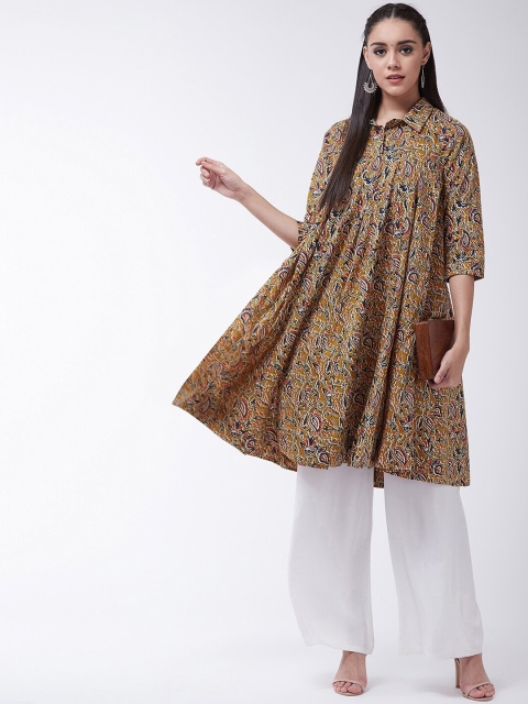 InWeave Women Mustard Yellow & Blue Printed A-Line Kurta