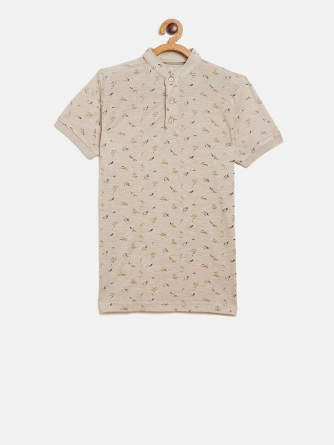 Crimsoune Club Boys Beige Printed Henley Neck Slim Fit T-shirt