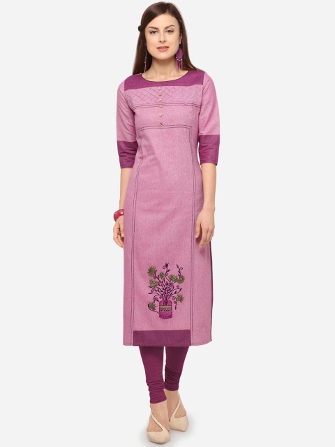 Kvsfab Women Purple & Pink Embroidered Straight Kurta