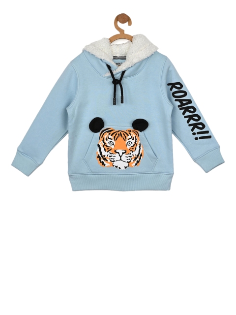 Stupid Cupid Boys Blue Printed Hooded Sweatshirt