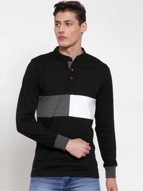 Kalt Men Black Colourblocked Mandarin Collar T-shirt