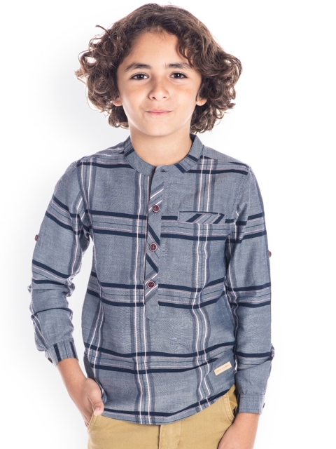 Cherry Crumble Boys Grey & Navy Blue Checked Casual Shirt