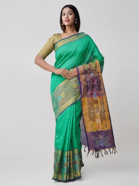 Unnati Silks Green Silk Cotton Woven Design Handloom Pochampally Saree